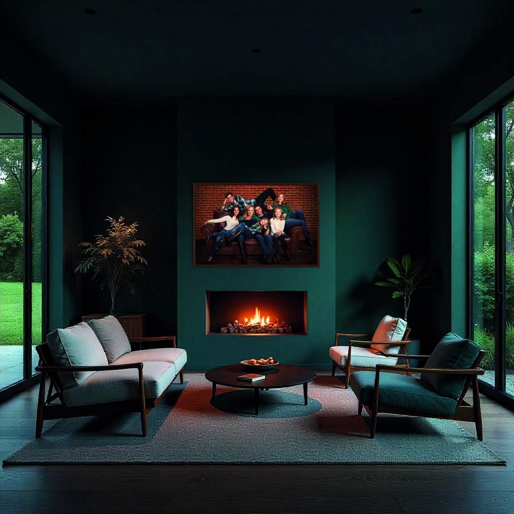 A family portrait hanging in a deep green living room